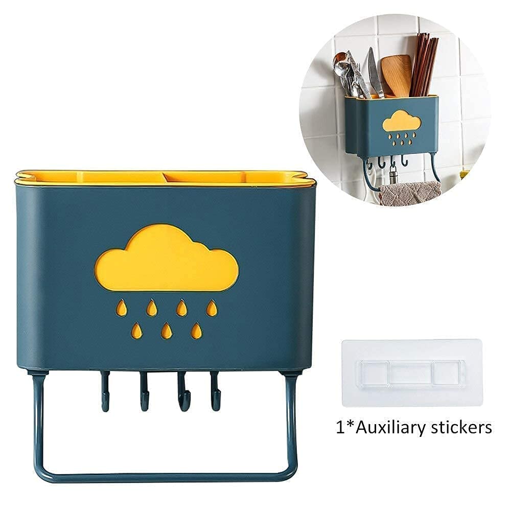 Cloud-Shaped Plastic Cutlery Holder with 4 Hooks & Towel Rack