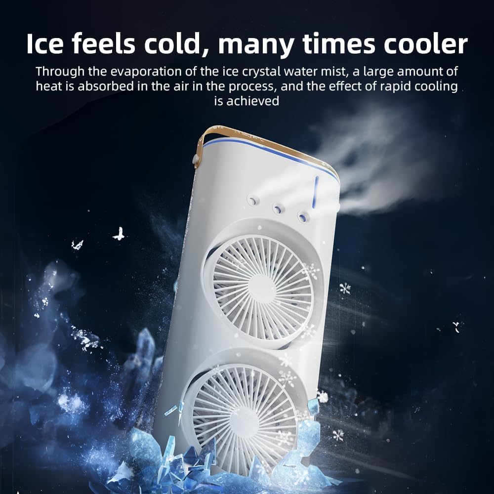 Dual Spray Cooling Fan – USB Rechargeable, 3-Speed, LED Light, Touch & Remote Control