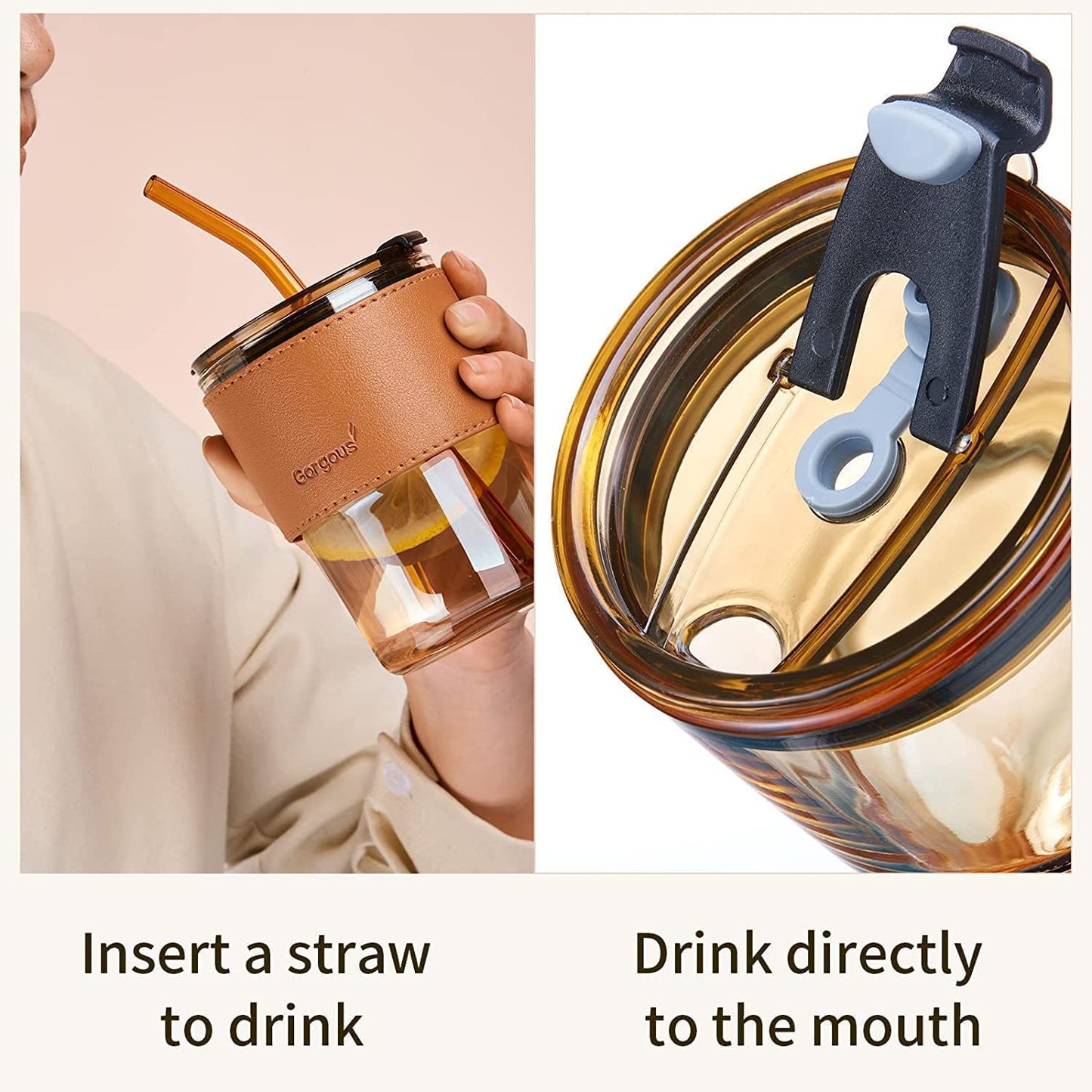 Leather Grip Glass Sipper Mug 450 ml | Reusable, Leakproof, Hot & Cold Drink Mug