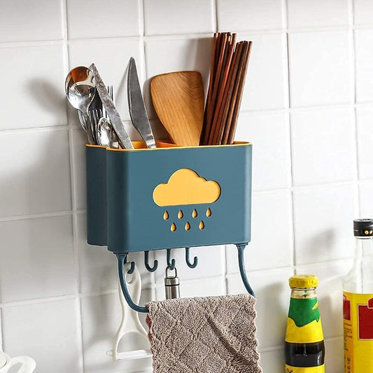 Cloud-Shaped Plastic Cutlery Holder with 4 Hooks & Towel Rack