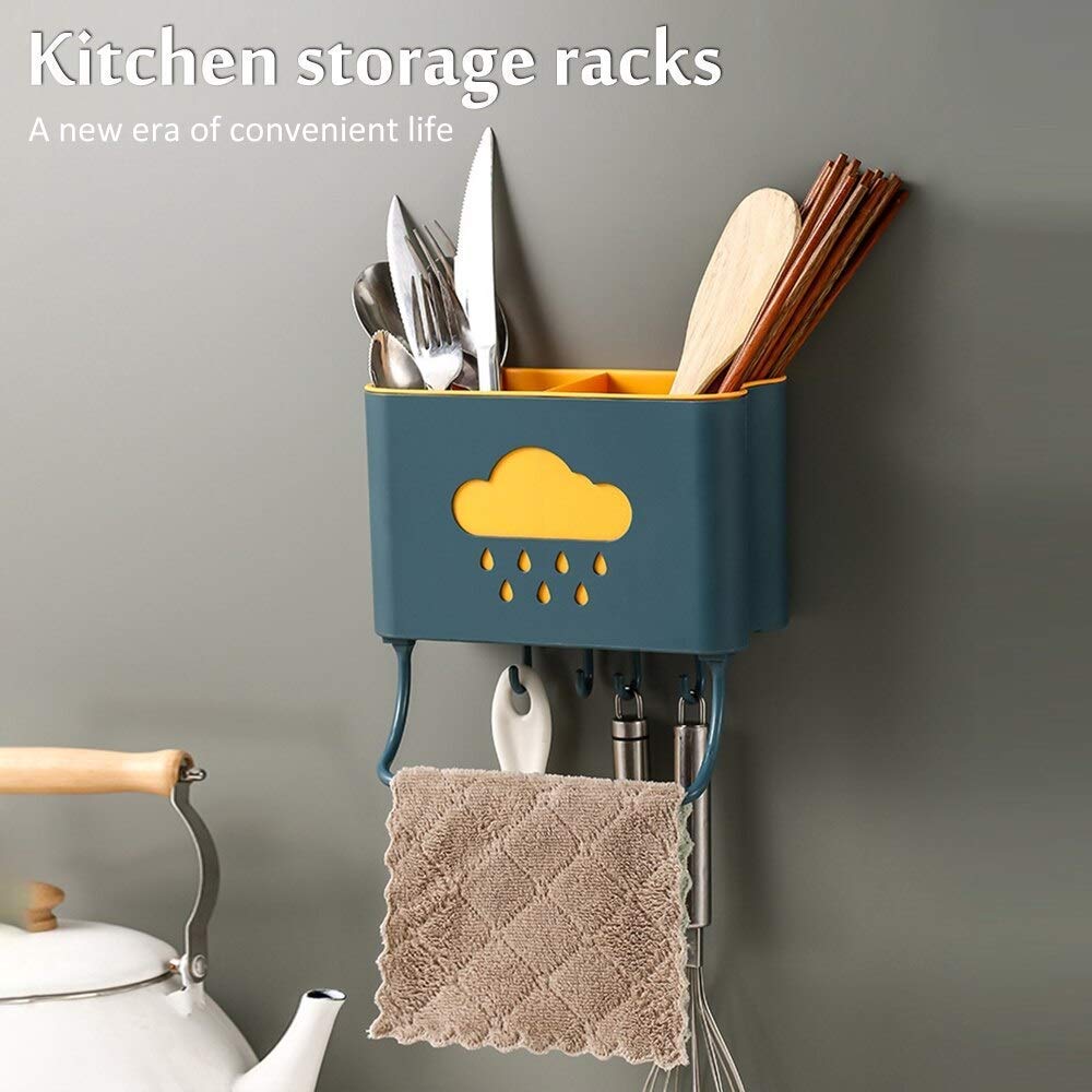 Cloud-Shaped Plastic Cutlery Holder with 4 Hooks & Towel Rack