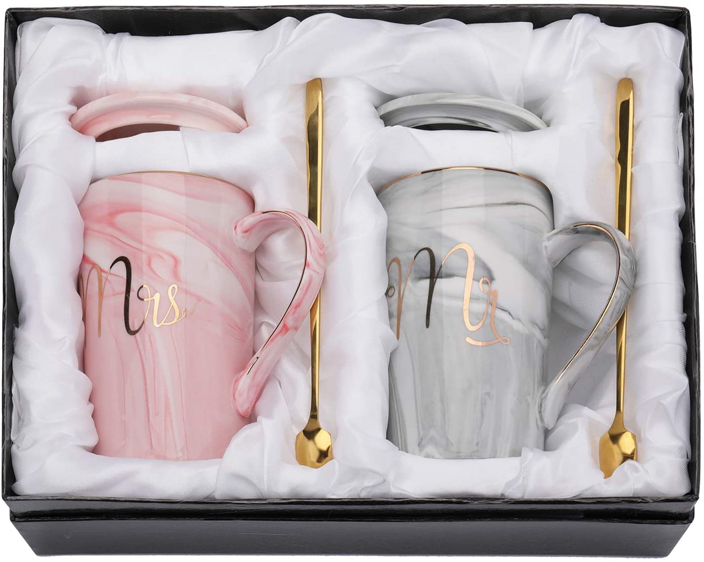 Ceramic Marble Finish MR & MRS Coffee Mug Set with Lid & Spoon – 380 ML | Perfect Gift for Couples
