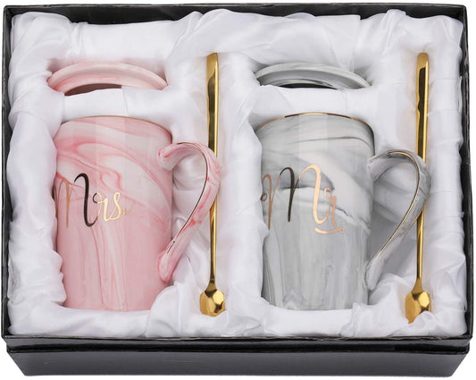 Ceramic Marble Finish MR & MRS Coffee Mug Set with Lid & Spoon – 380 ML | Perfect Gift for Couples