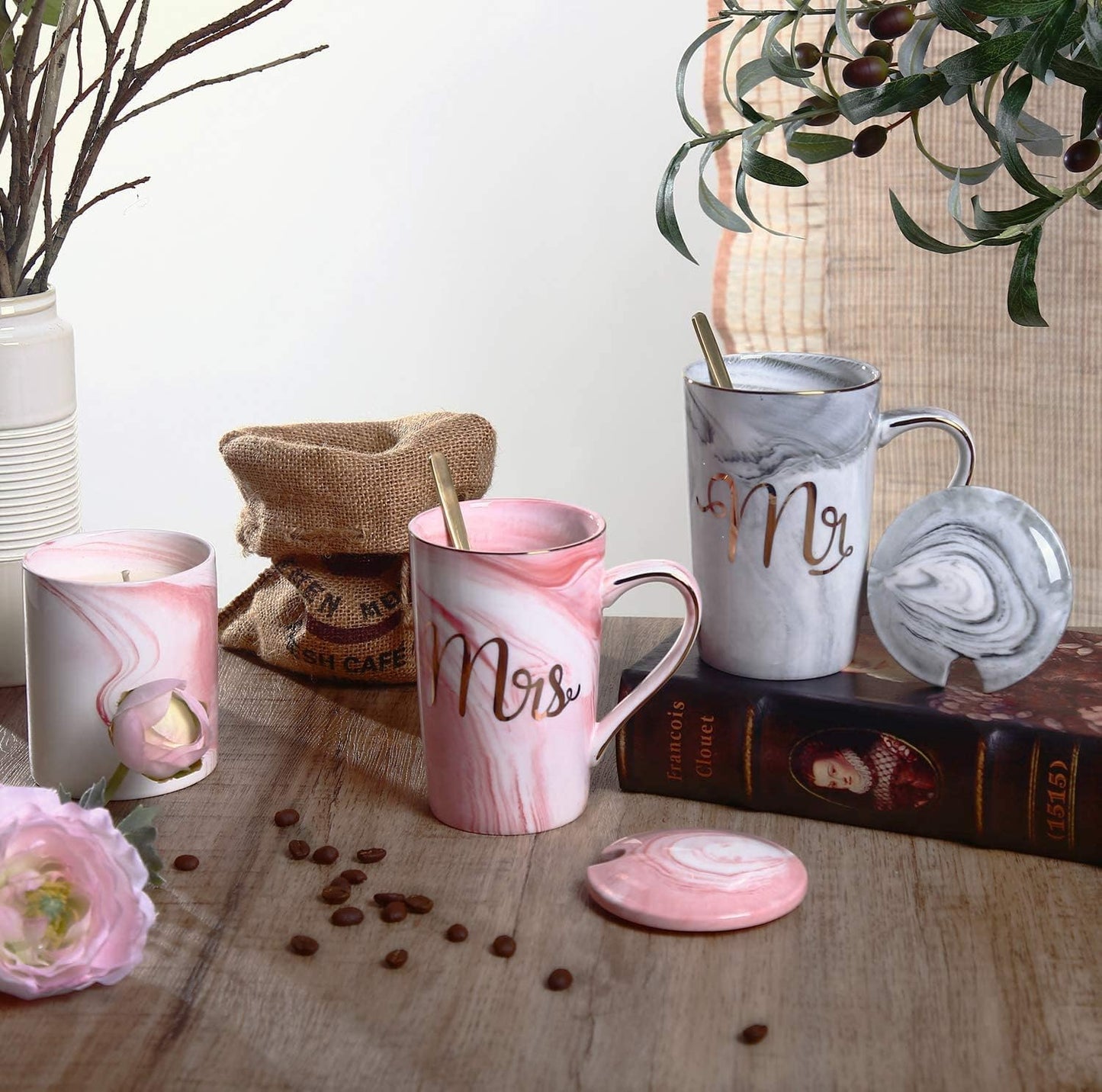 Ceramic Marble Finish MR & MRS Coffee Mug Set with Lid & Spoon – 380 ML | Perfect Gift for Couples