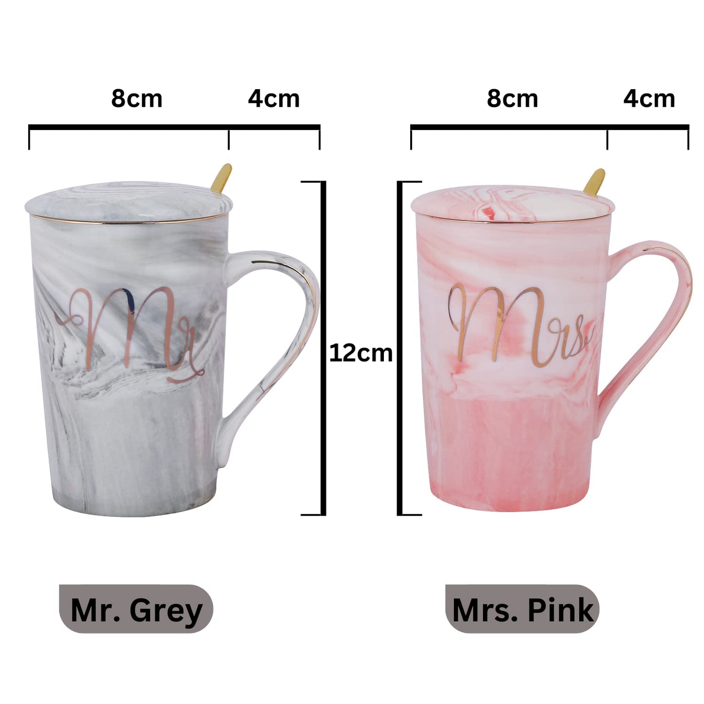 Ceramic Marble Finish MR & MRS Coffee Mug Set with Lid & Spoon – 380 ML | Perfect Gift for Couples