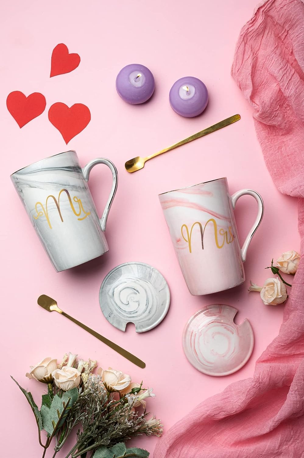 Ceramic Marble Finish MR & MRS Coffee Mug Set with Lid & Spoon – 380 ML | Perfect Gift for Couples