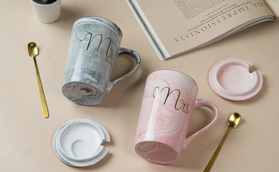 Ceramic Marble Finish MR & MRS Coffee Mug Set with Lid & Spoon – 380 ML | Perfect Gift for Couples
