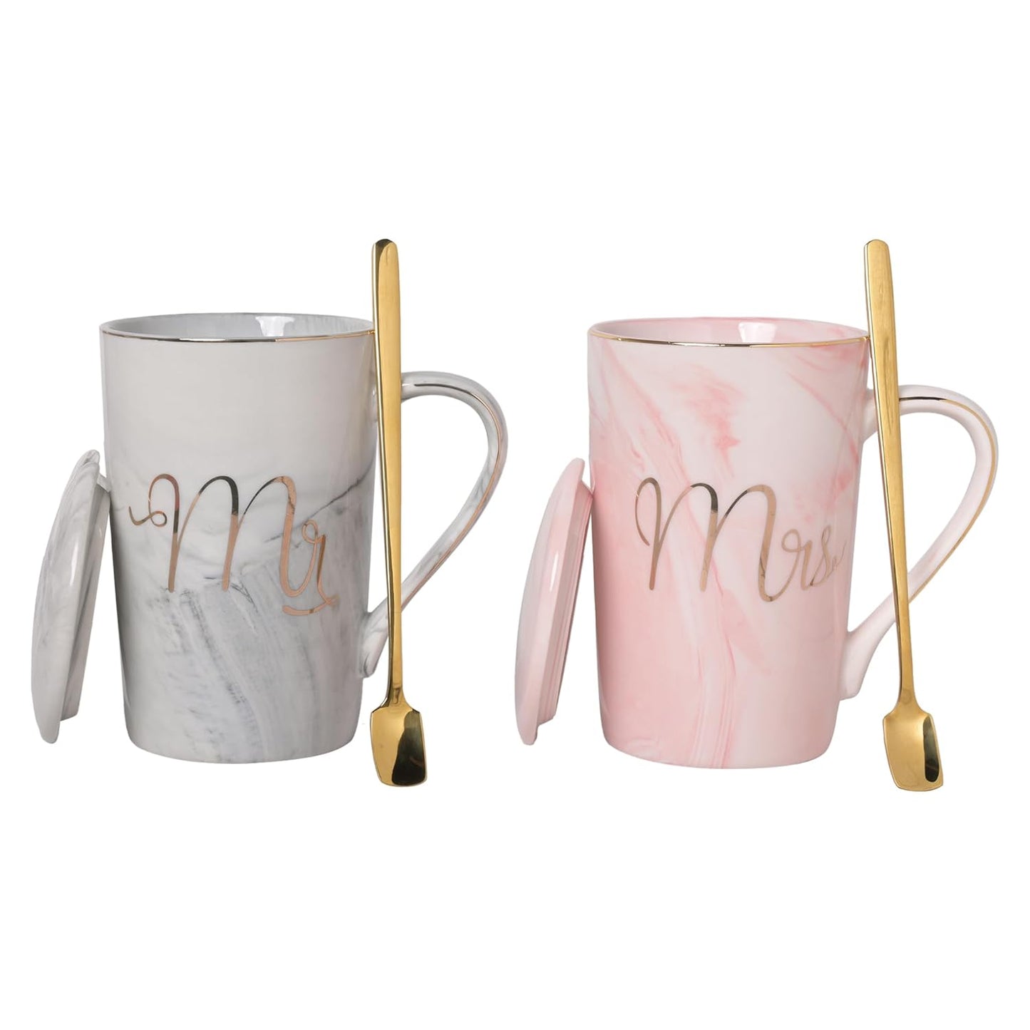 Ceramic Marble Finish MR & MRS Coffee Mug Set with Lid & Spoon – 380 ML | Perfect Gift for Couples