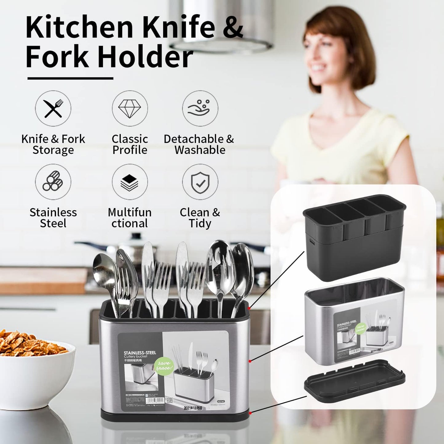 Kitchen Cutlery Organiser – 4-Compartment Countertop Stand – Ideal for Kitchen & Dining Table Storage