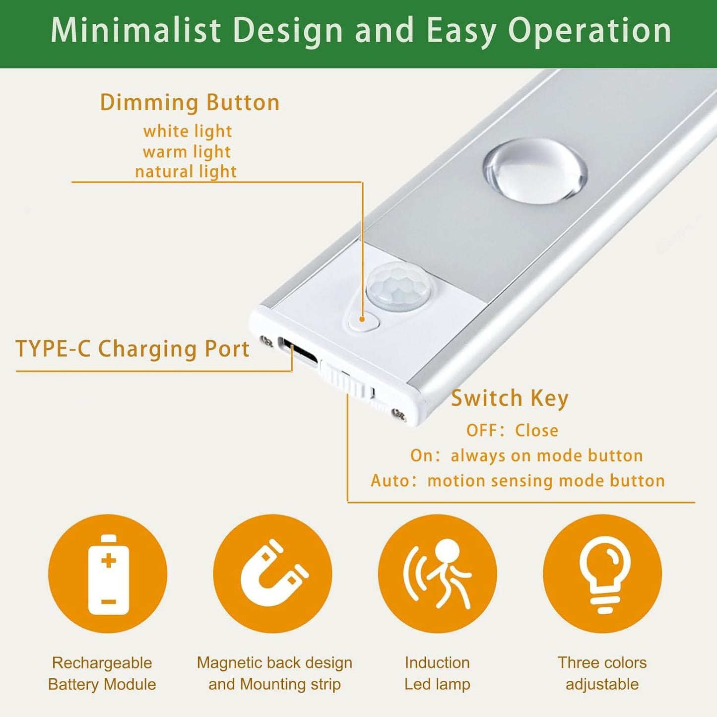 LED Under Cabinet Light 40cm  – Removable, Dimmable, USB Rechargeable for Home, Kitchen, and Wardrobe