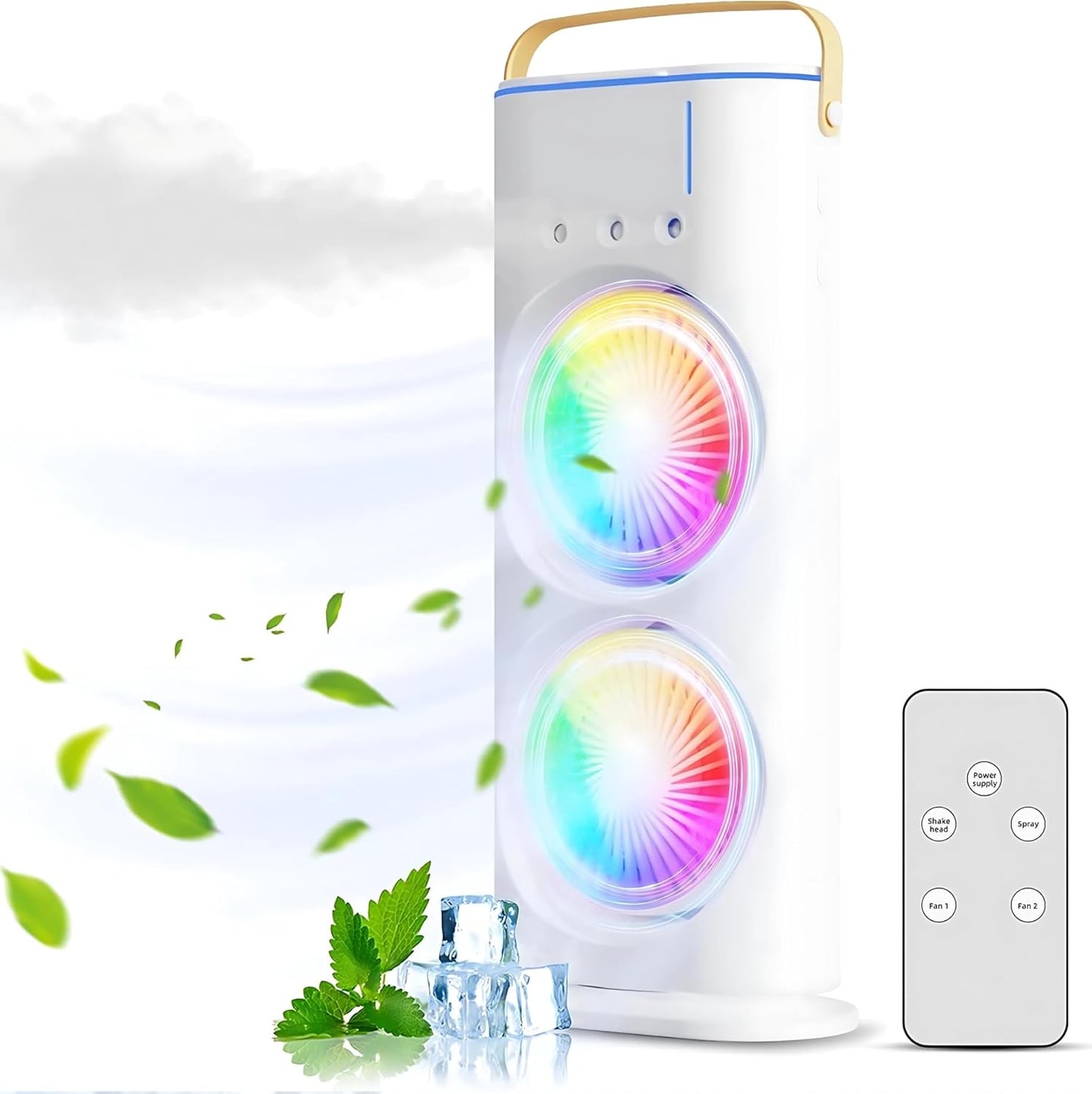 Dual Spray Cooling Fan – USB Rechargeable, 3-Speed, LED Light, Touch & Remote Control