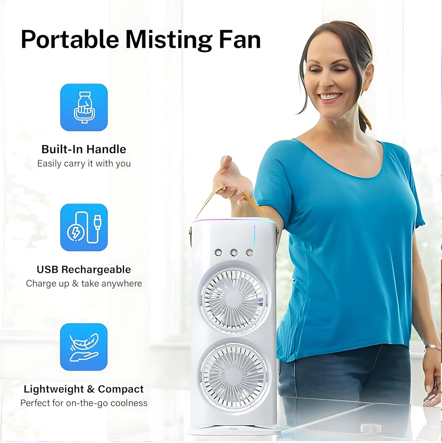 Dual Spray Cooling Fan – USB Rechargeable, 3-Speed, LED Light, Touch & Remote Control