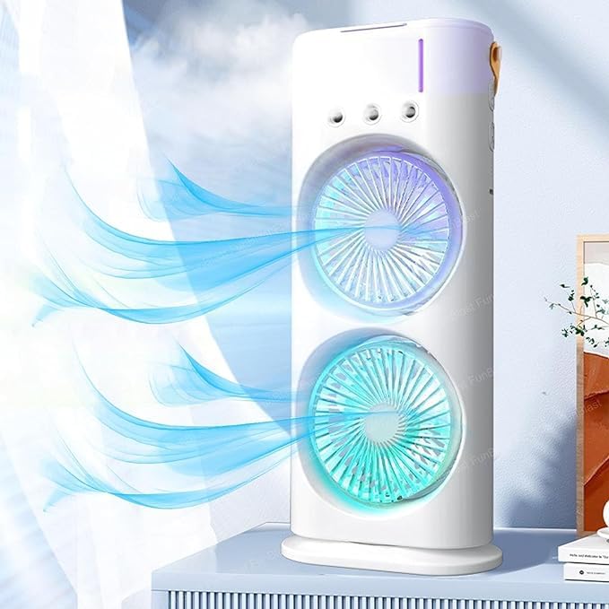 Dual Spray Cooling Fan – USB Rechargeable, 3-Speed, LED Light, Touch & Remote Control