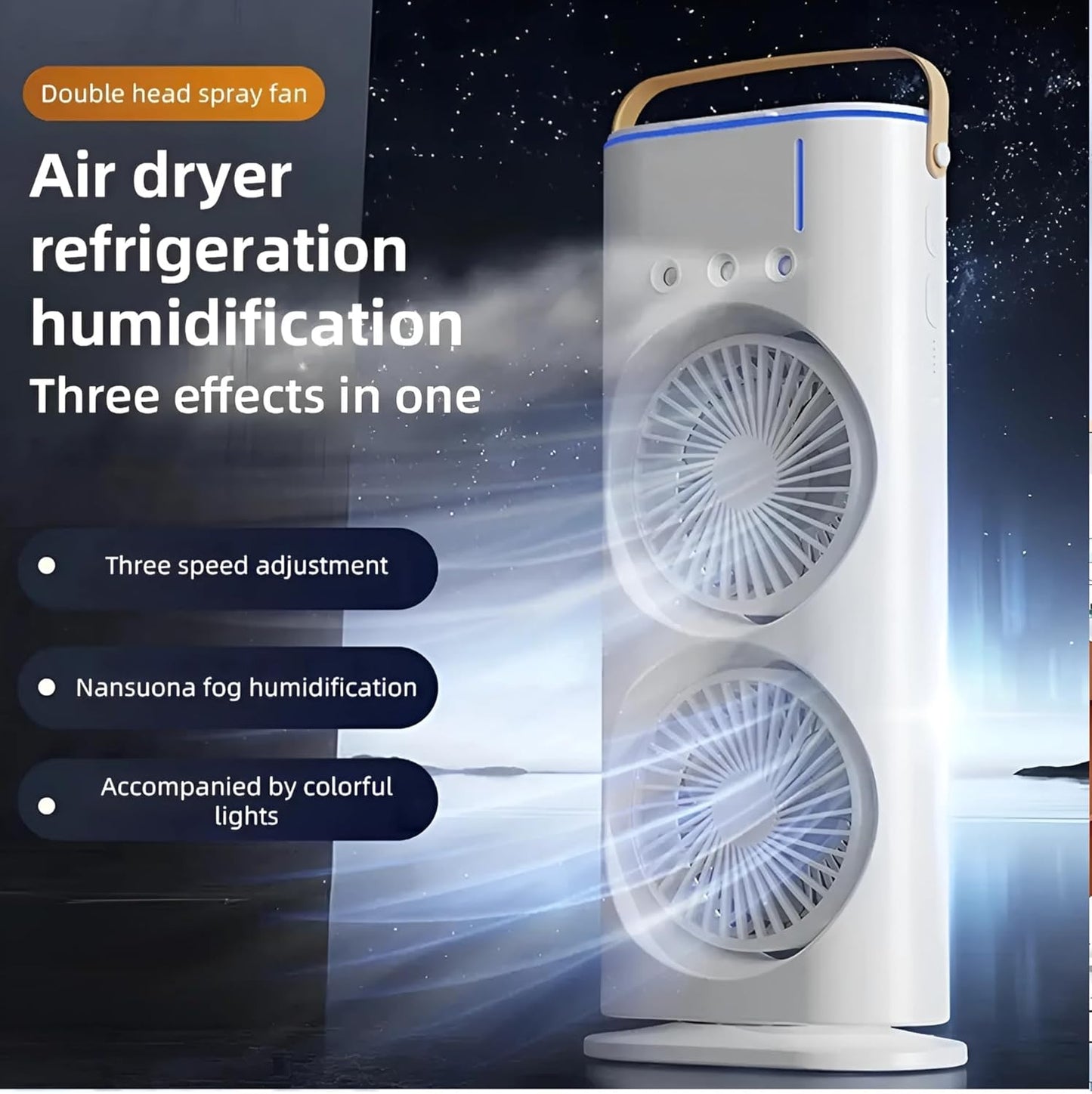 Dual Spray Cooling Fan – USB Rechargeable, 3-Speed, LED Light, Touch & Remote Control