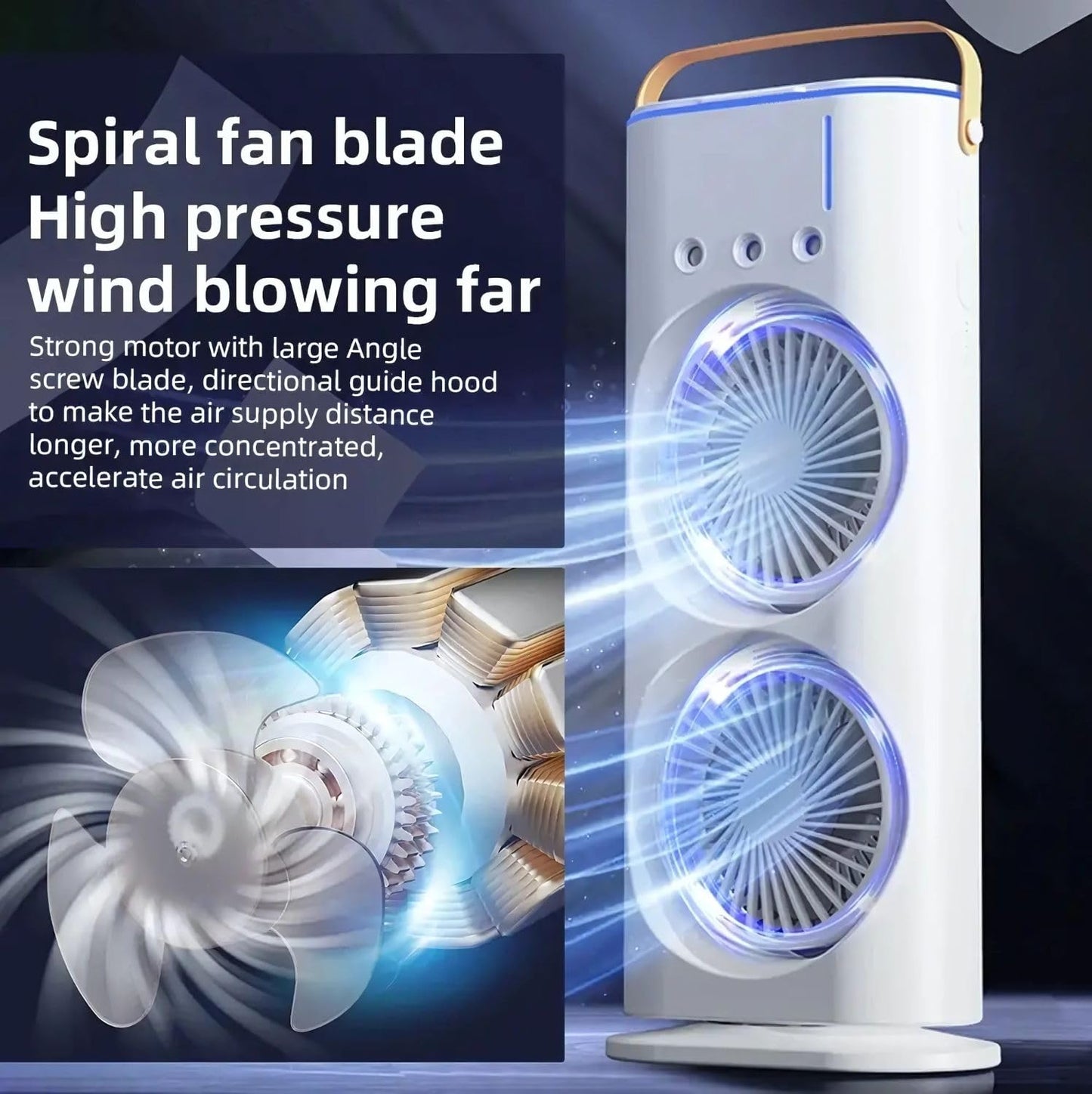 Dual Spray Cooling Fan – USB Rechargeable, 3-Speed, LED Light, Touch & Remote Control