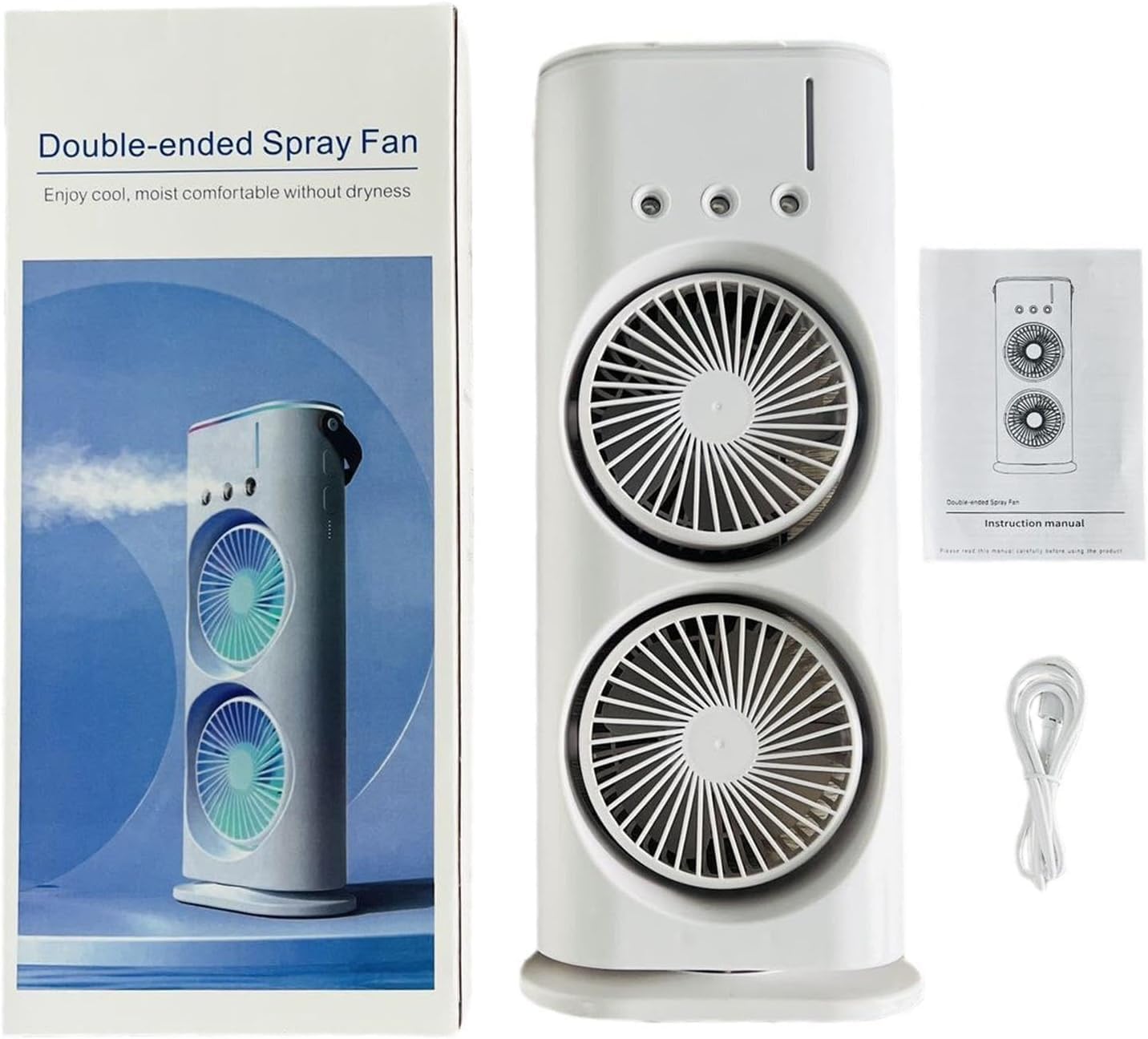 Dual Spray Cooling Fan – USB Rechargeable, 3-Speed, LED Light, Touch & Remote Control