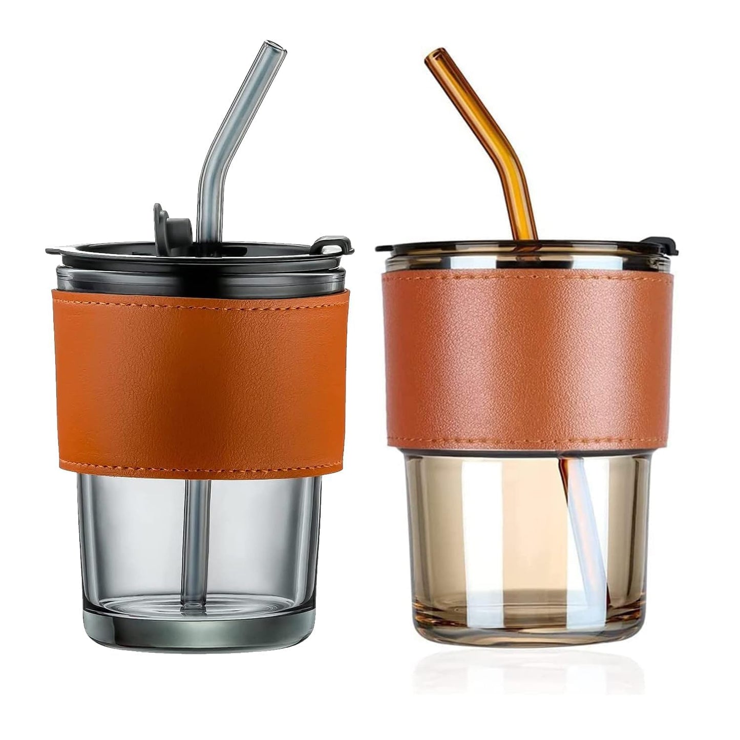 Leather Grip Glass Sipper Mug 450 ml | Reusable, Leakproof, Hot & Cold Drink Mug