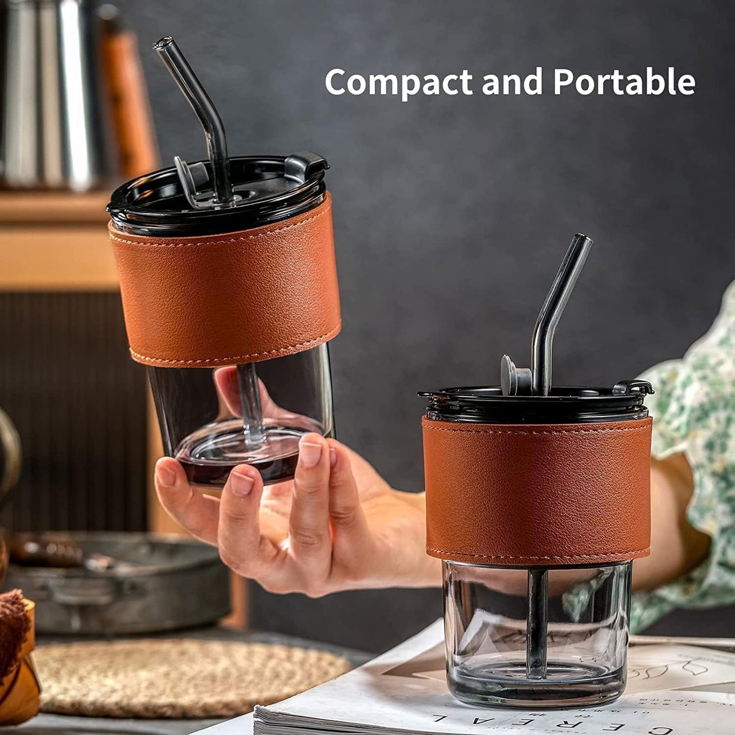 Leather Grip Glass Sipper Mug 450 ml | Reusable, Leakproof, Hot & Cold Drink Mug