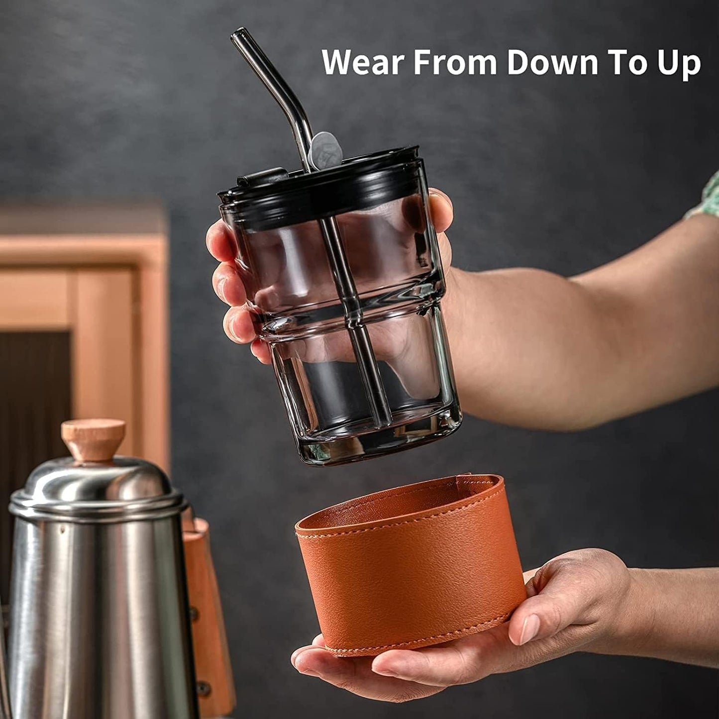Leather Grip Glass Sipper Mug 450 ml | Reusable, Leakproof, Hot & Cold Drink Mug