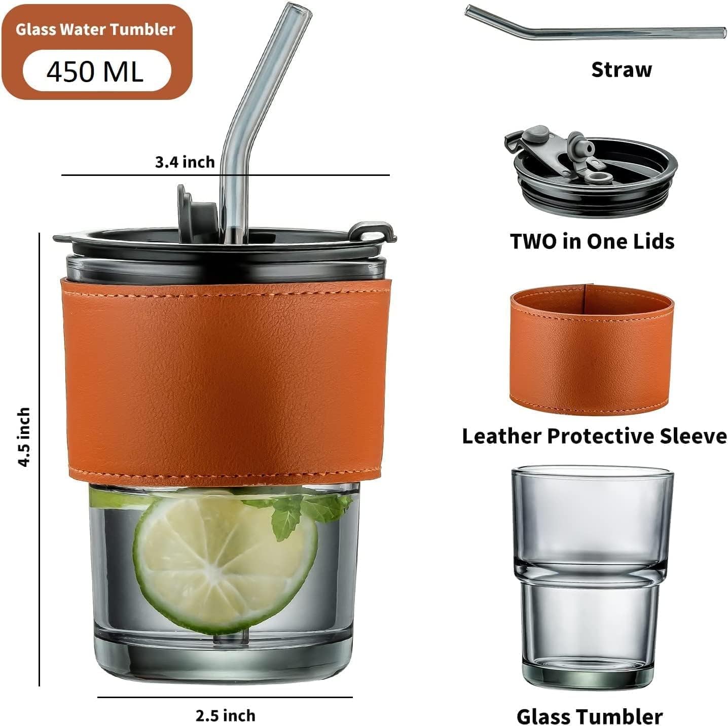 Leather Grip Glass Sipper Mug 450 ml | Reusable, Leakproof, Hot & Cold Drink Mug