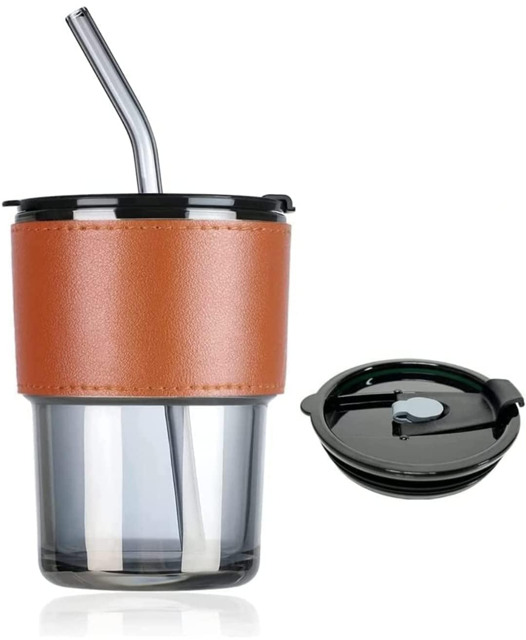 Leather Grip Glass Sipper Mug 450 ml | Reusable, Leakproof, Hot & Cold Drink Mug