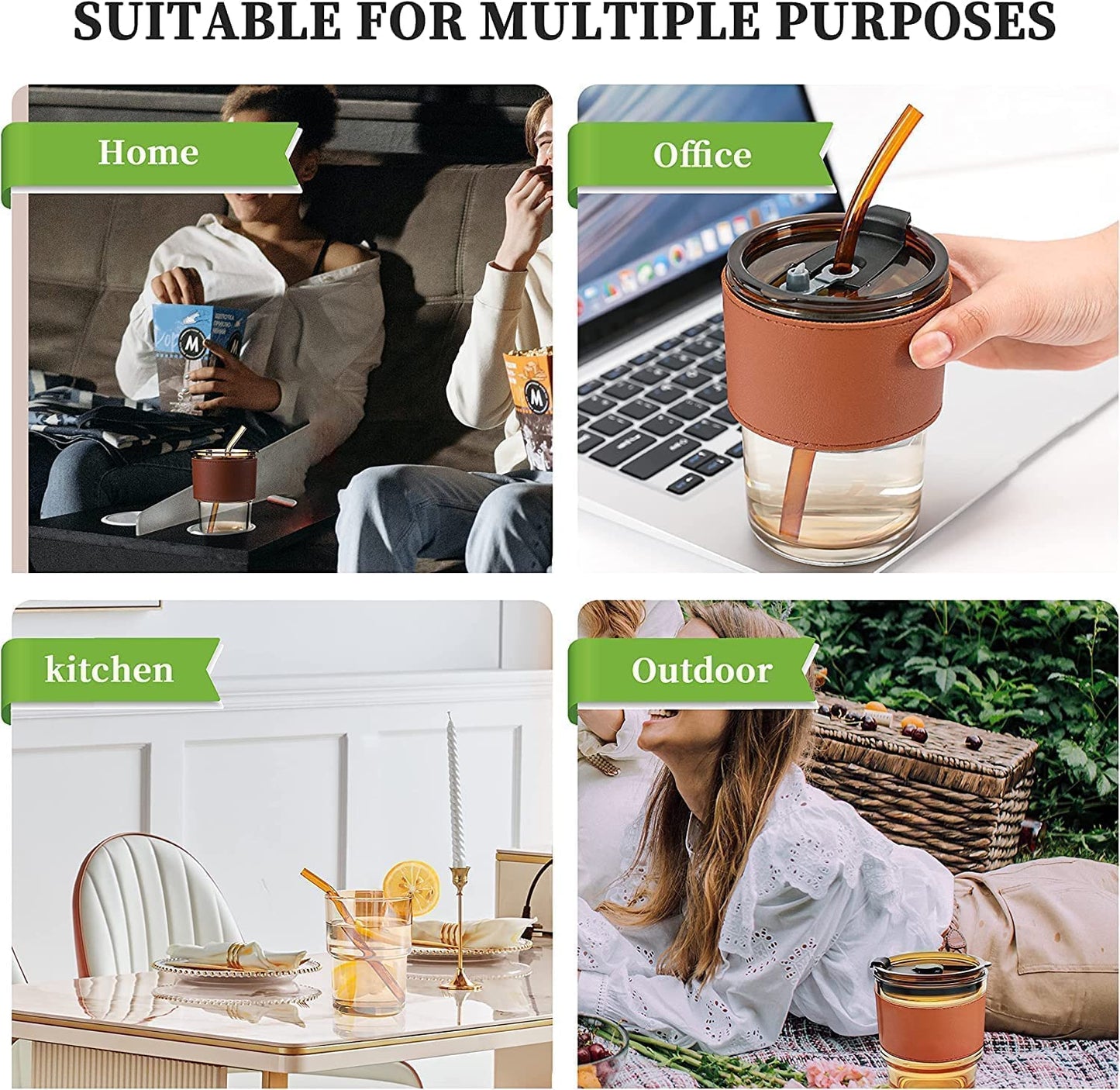 Leather Grip Glass Sipper Mug 450 ml | Reusable, Leakproof, Hot & Cold Drink Mug