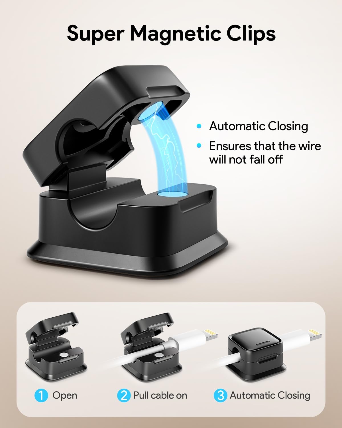 Magnetic Cable Organiser - Adhesive Cord Holder for USB, Phone Chargers, and Wires and Nightstand Cable Management