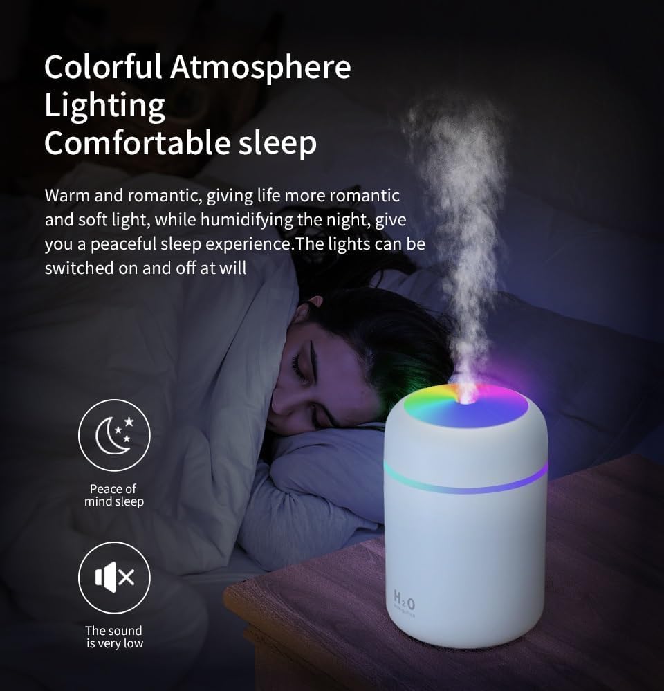 Colorful Mini Night Light Humidifier - 300ml Cool Mist for Home, Office & Car