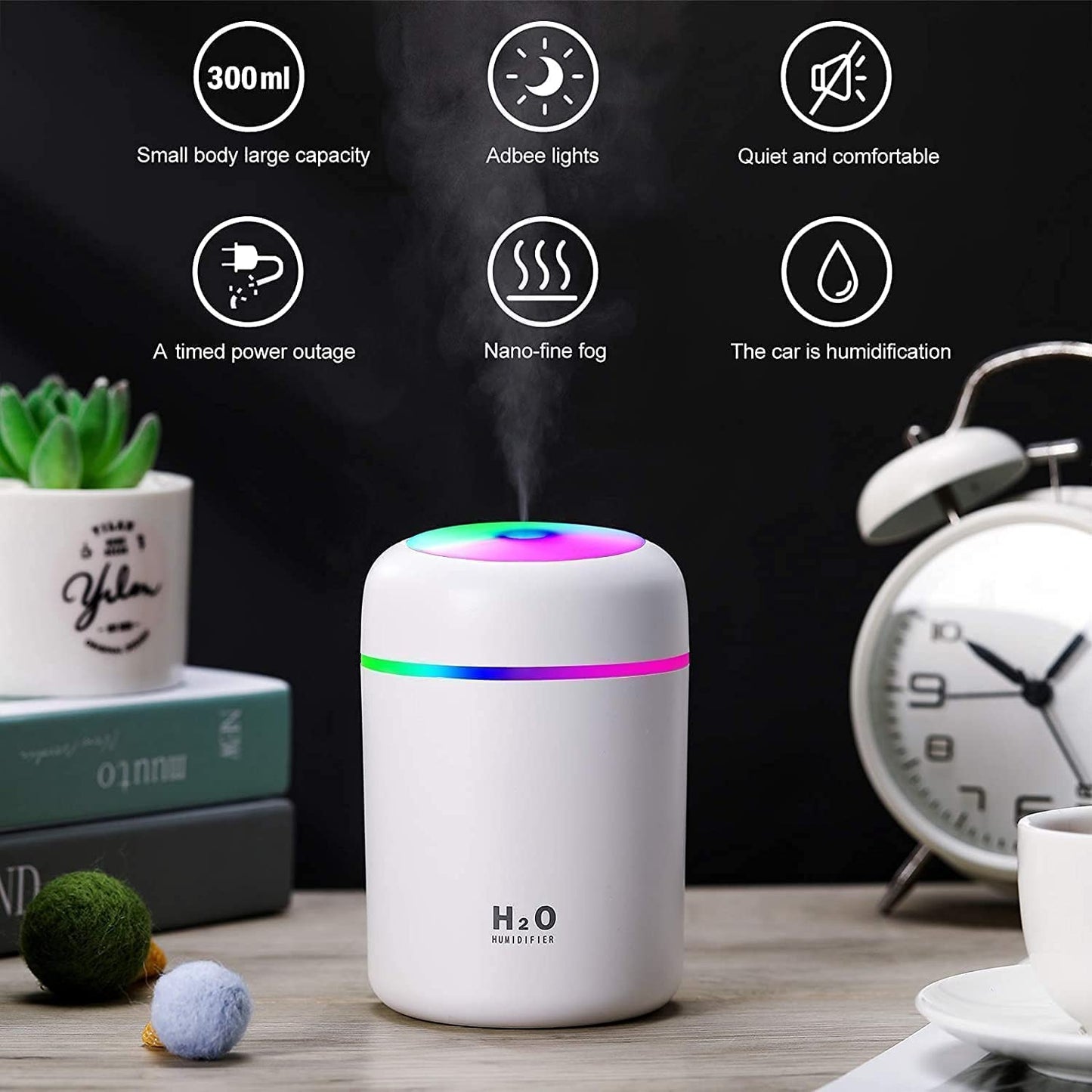 Colorful Mini Night Light Humidifier - 300ml Cool Mist for Home, Office & Car
