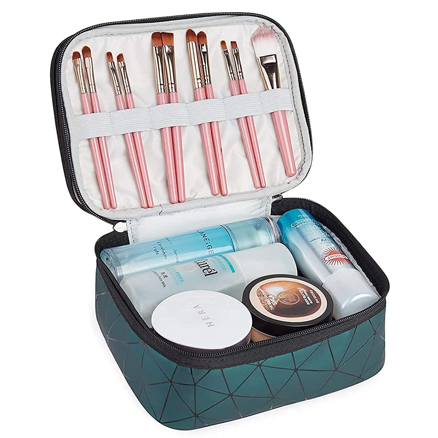 Travel Makeup Bag | Double-Layer Cosmetic Organizer with Brush Holder |