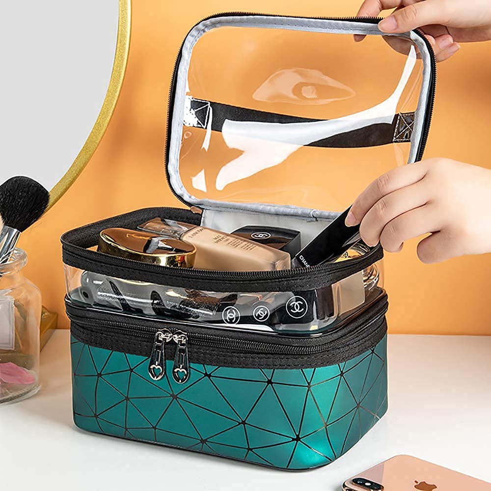 Travel Makeup Bag | Double-Layer Cosmetic Organizer with Brush Holder |