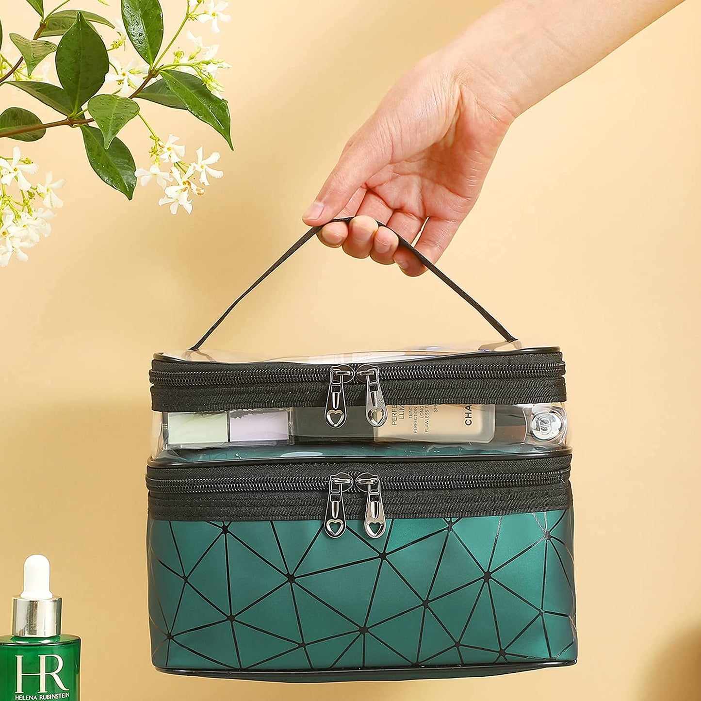 Travel Makeup Bag | Double-Layer Cosmetic Organizer with Brush Holder |
