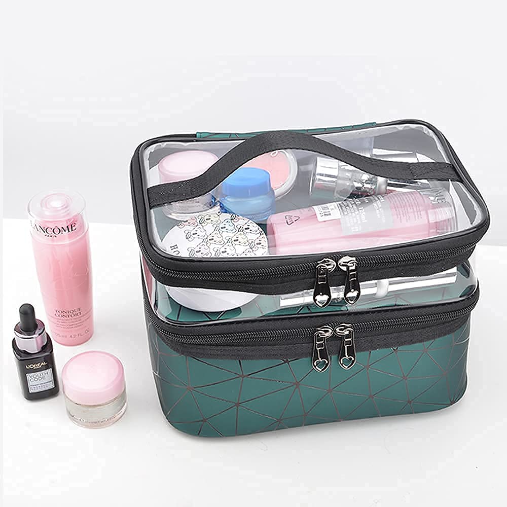 Travel Makeup Bag | Double-Layer Cosmetic Organizer with Brush Holder |
